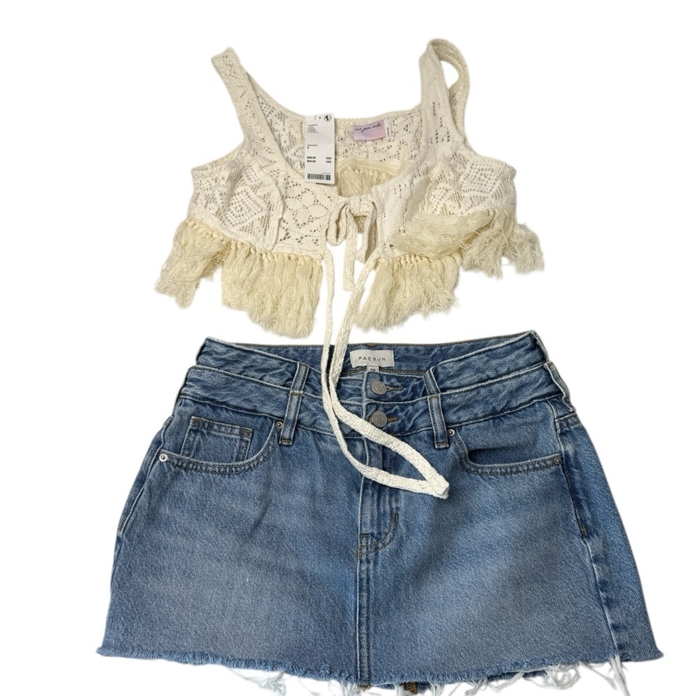 Concert festival Crochet Y2K Tank Top S Lace Boho NWT Pacsun Mini Jean Skirt 2
